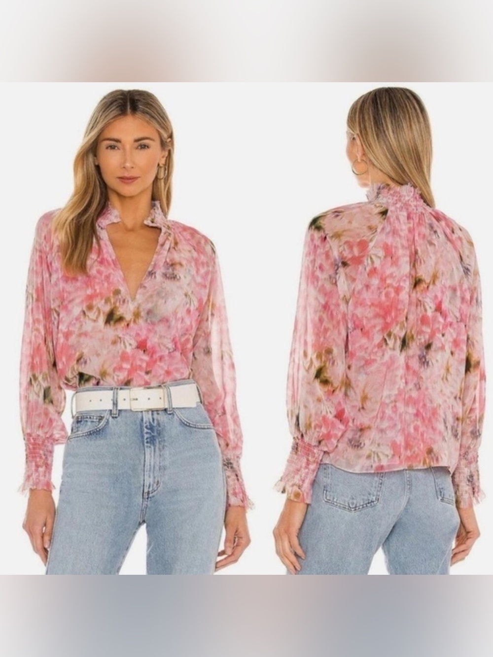 MISA Alexis Top Pink Long Sleeve Smocked Raw Hem Ruffle Collar Blouse Size XS